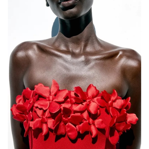 Zara Floral Knit Elegant Red Strapless Dress Sz-L - Picture 5 of 10